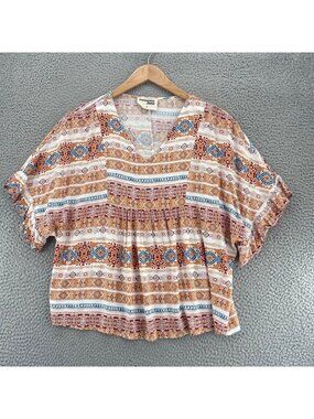 Savanna Jane Top Womens Medium Orange Batik Blouse V Neck Ruffled Dolman Sleeve